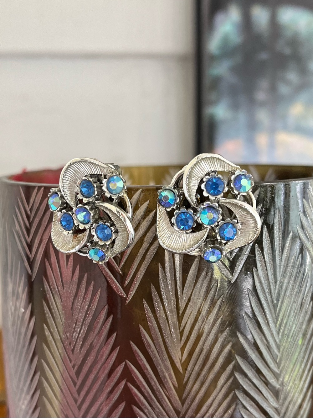 Vintage Silver-Tone Blue Crystal Clip-On Earrings